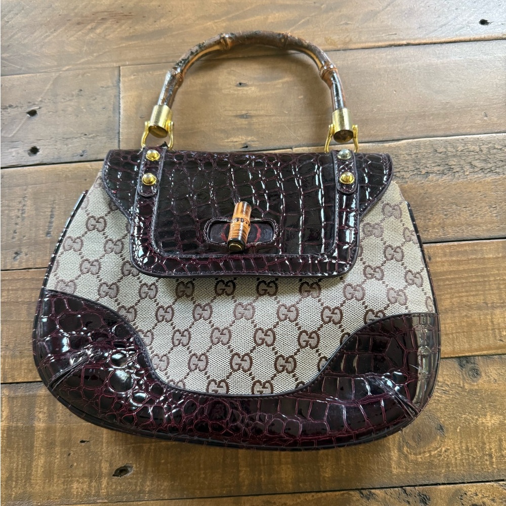 Gucci Brown and Cream Shoulder Bag with Bamboo Handle